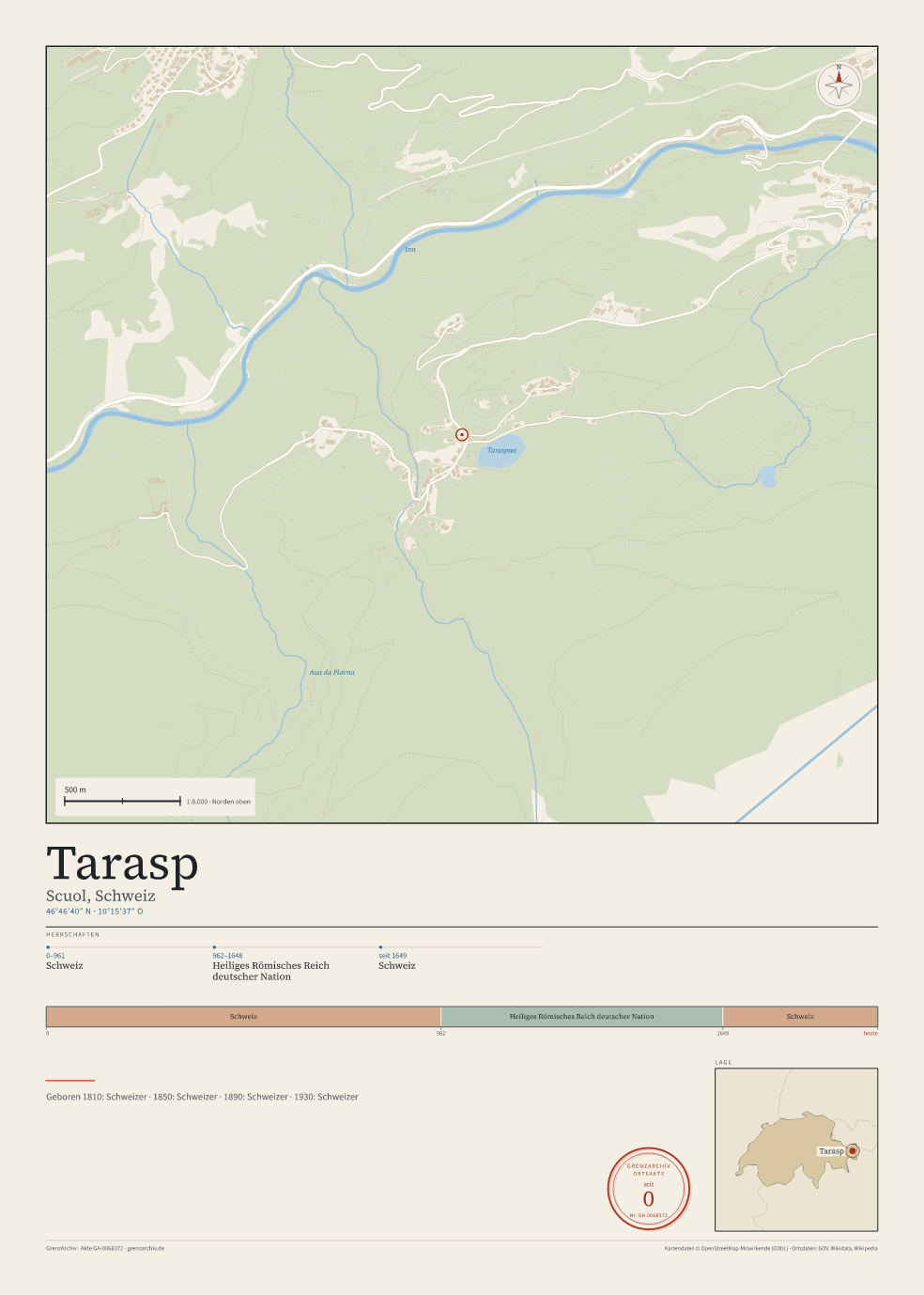 Vorschau des Kartenblatts von Tarasp: oben der Stadtplan, unten Ortsname, Koordinaten und die Herrschaften des Ortes