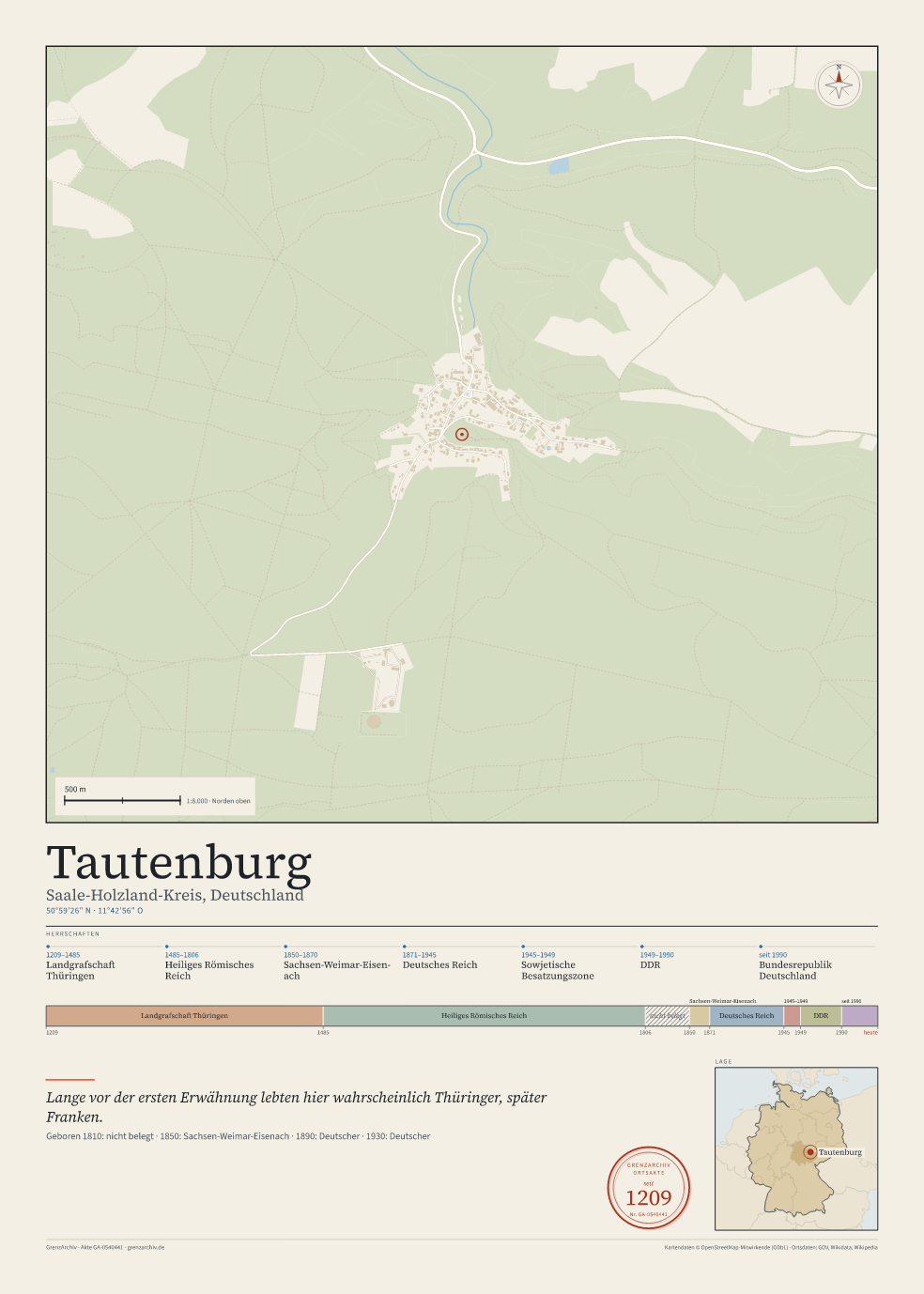 Vorschau des Kartenblatts von Tautenburg: oben der Stadtplan, unten Ortsname, Koordinaten und die Herrschaften des Ortes