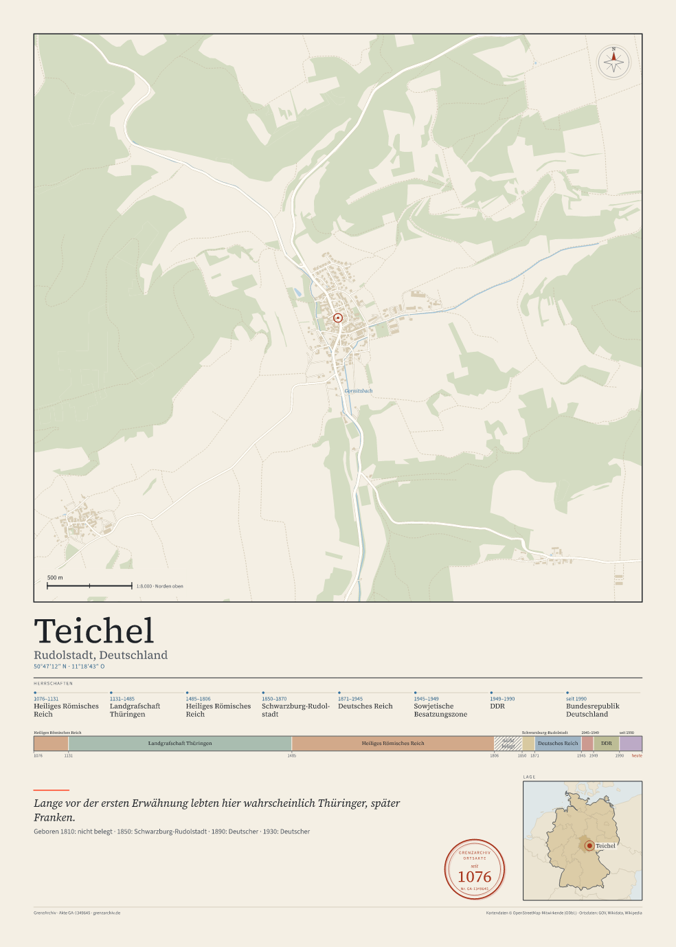 Vorschau des Kartenblatts von Teichel: oben der Stadtplan, unten Ortsname, Koordinaten und die Herrschaften des Ortes
