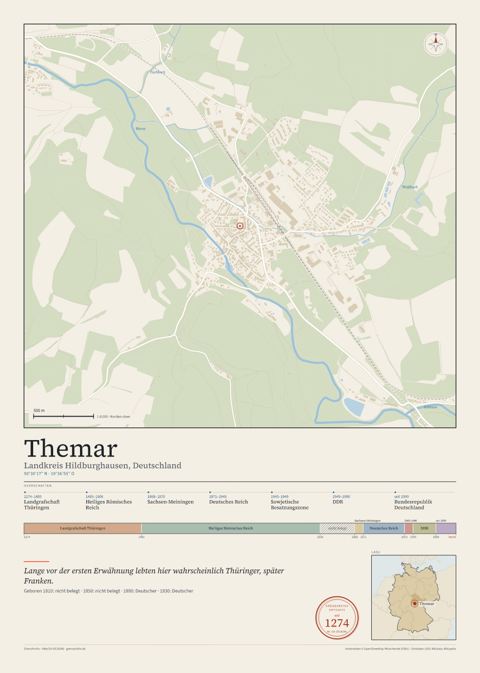 Vorschau des Kartenblatts von Themar: oben der Stadtplan, unten Ortsname, Koordinaten und die Herrschaften des Ortes