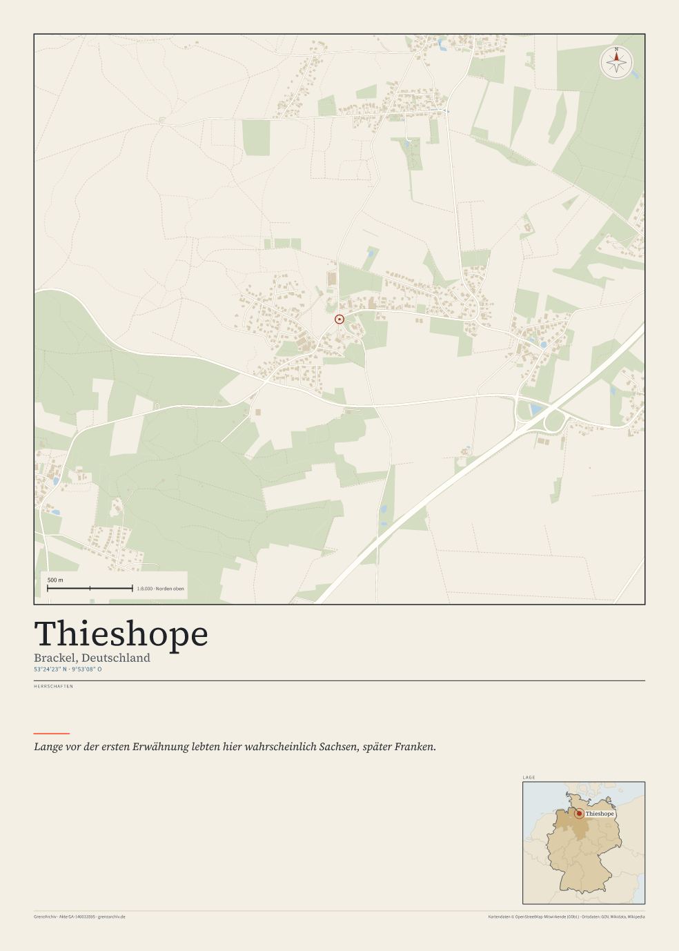 Vorschau des Kartenblatts von Thieshope: oben der Stadtplan, unten Ortsname, Koordinaten und die Herrschaften des Ortes