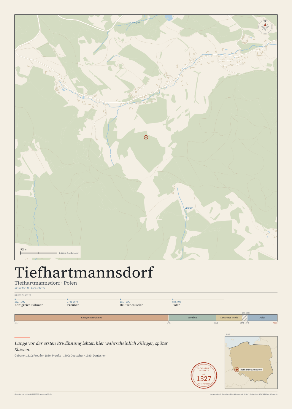 Vorschau des Kartenblatts von Tiefhartmannsdorf: oben der Stadtplan, unten Ortsname, Koordinaten und die Herrschaften des Ortes