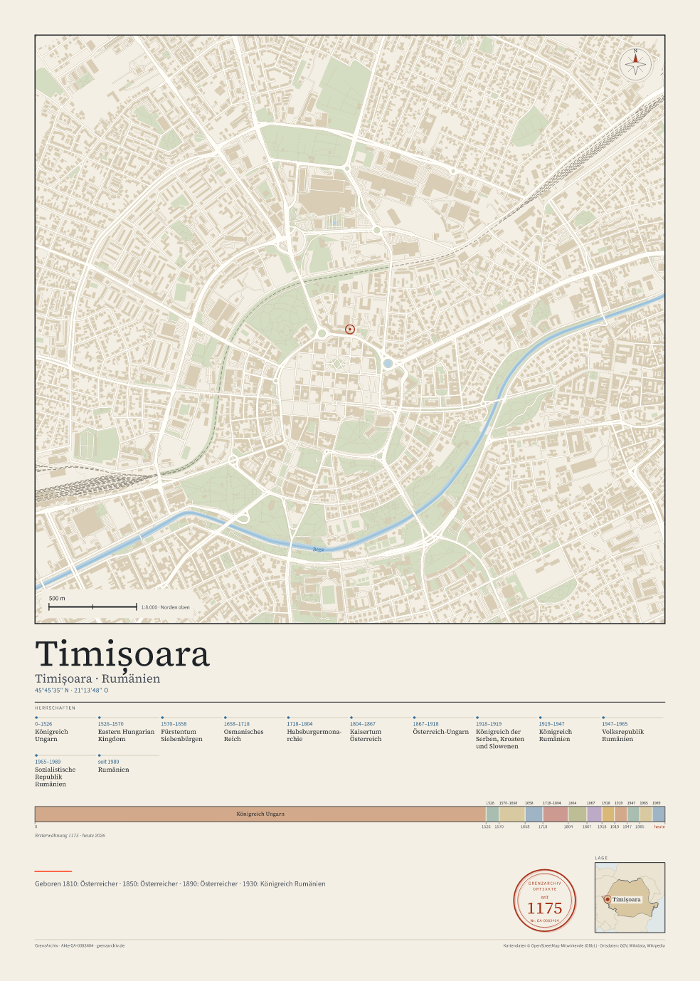 Vorschau des Kartenblatts von Timișoara: oben der Stadtplan, unten Ortsname, Koordinaten und die Herrschaften des Ortes
