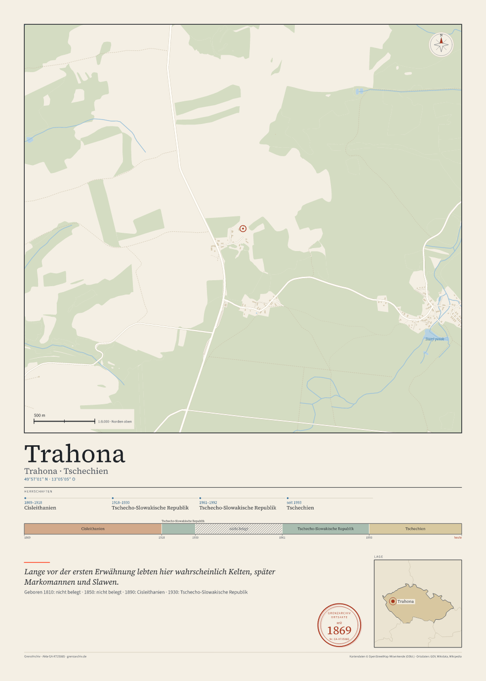 Vorschau des Kartenblatts von Trahona: oben der Stadtplan, unten Ortsname, Koordinaten und die Herrschaften des Ortes