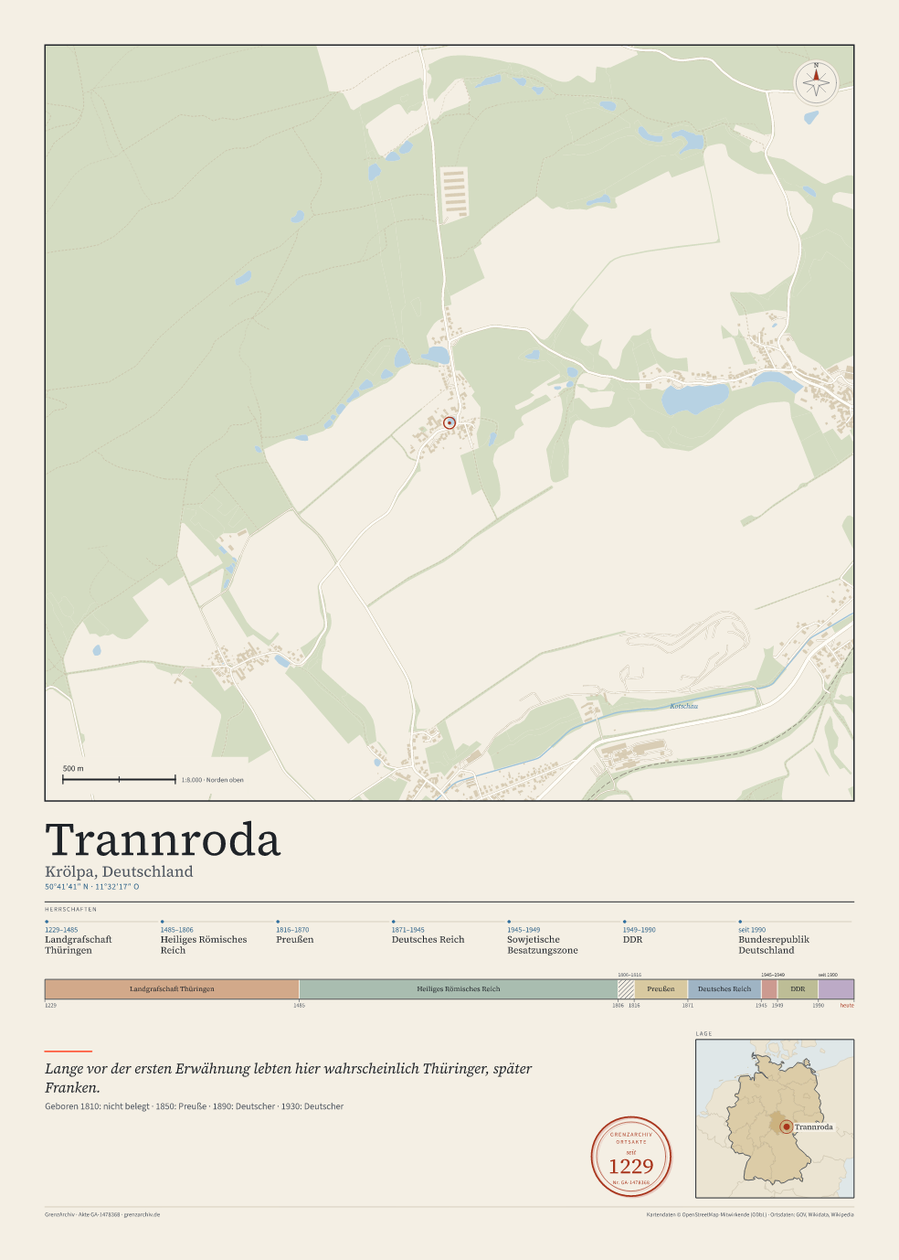 Vorschau des Kartenblatts von Trannroda: oben der Stadtplan, unten Ortsname, Koordinaten und die Herrschaften des Ortes