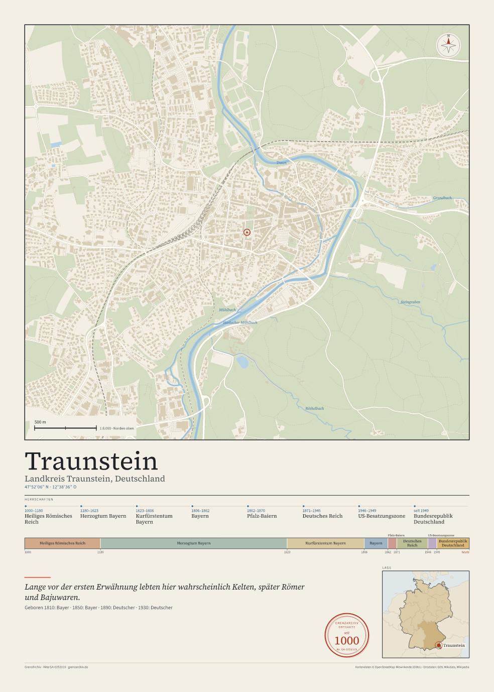 Vorschau des Kartenblatts von Traunstein: oben der Stadtplan, unten Ortsname, Koordinaten und die Herrschaften des Ortes