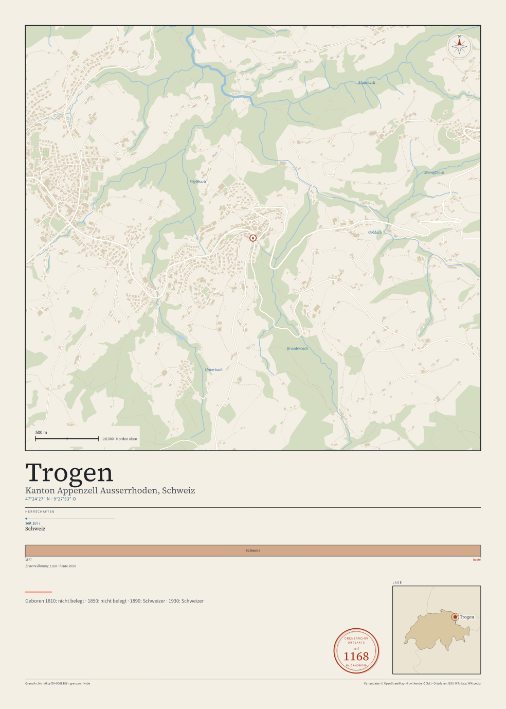 Vorschau des Kartenblatts von Trogen: oben der Stadtplan, unten Ortsname, Koordinaten und die Herrschaften des Ortes