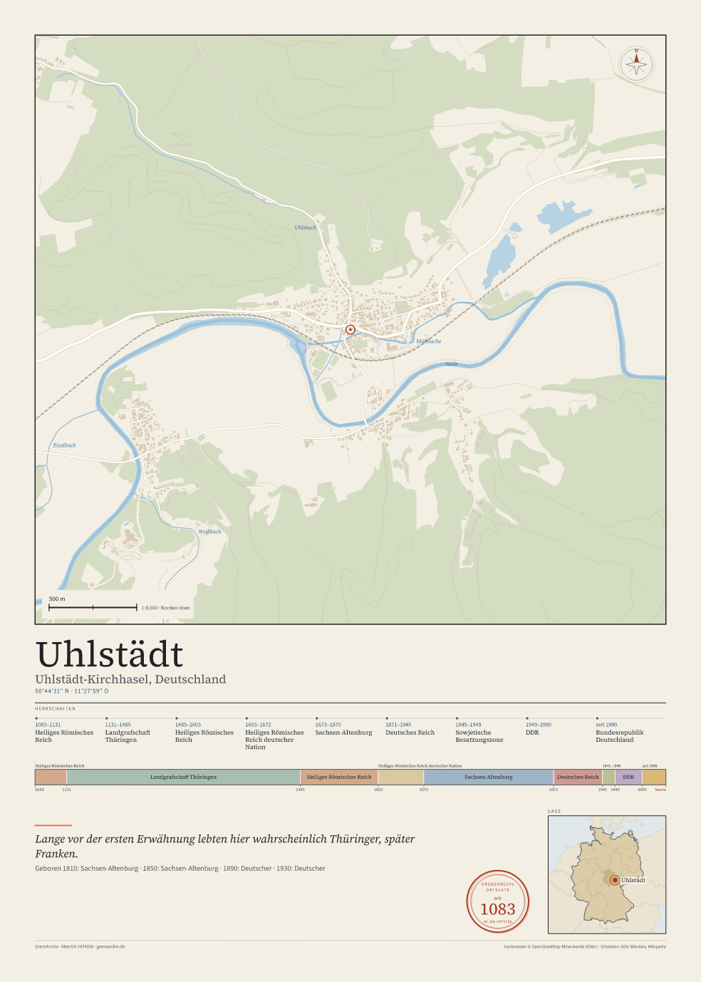 Vorschau des Kartenblatts von Uhlstädt: oben der Stadtplan, unten Ortsname, Koordinaten und die Herrschaften des Ortes