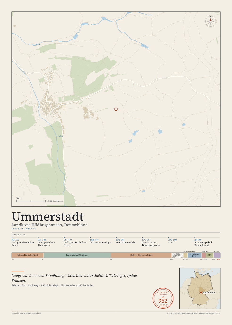 Vorschau des Kartenblatts von Ummerstadt: oben der Stadtplan, unten Ortsname, Koordinaten und die Herrschaften des Ortes