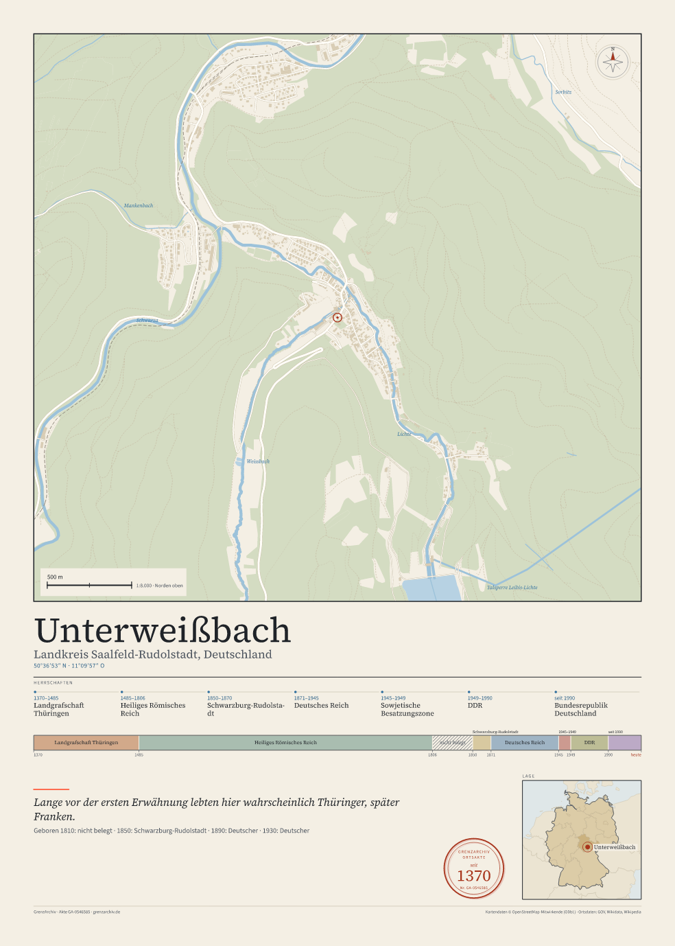 Vorschau des Kartenblatts von Unterweißbach: oben der Stadtplan, unten Ortsname, Koordinaten und die Herrschaften des Ortes