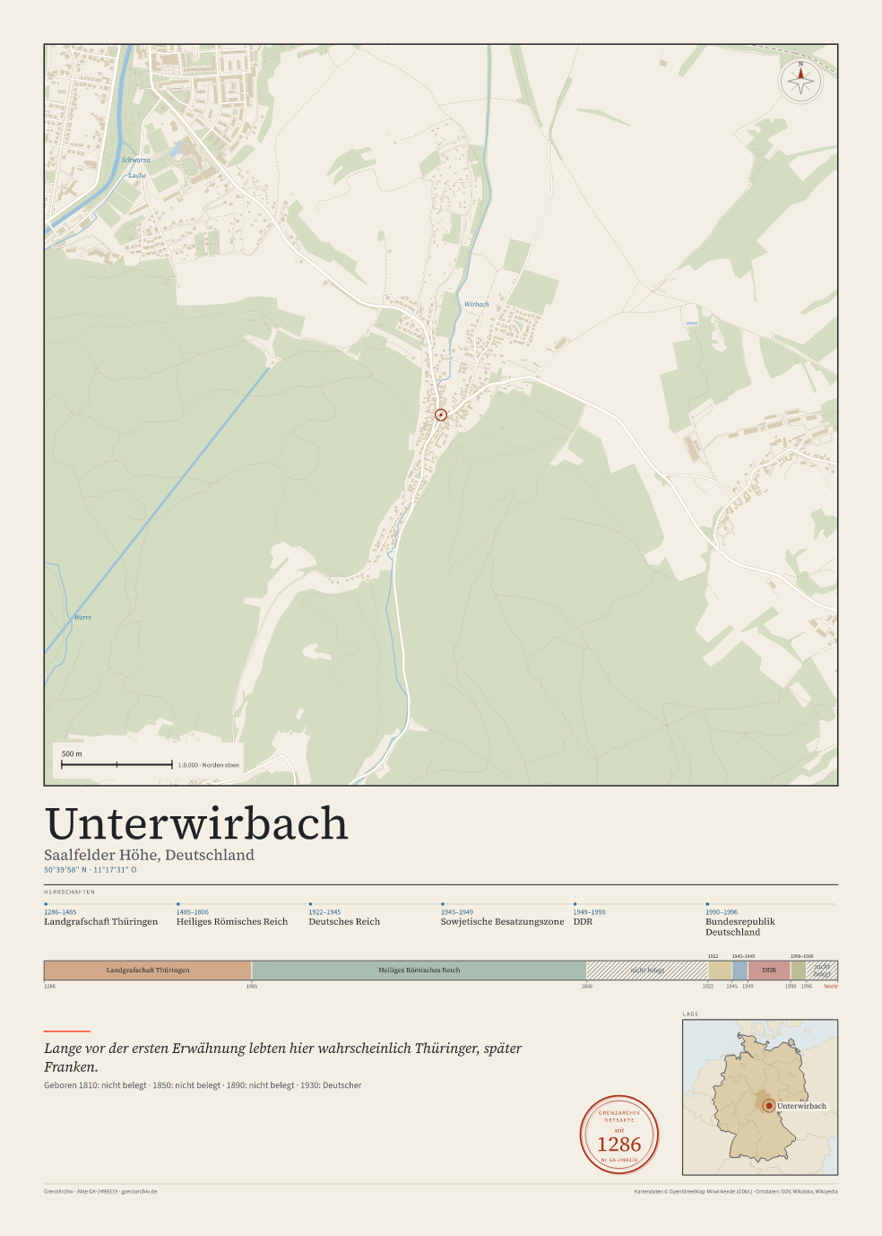 Vorschau des Kartenblatts von Unterwirbach: oben der Stadtplan, unten Ortsname, Koordinaten und die Herrschaften des Ortes