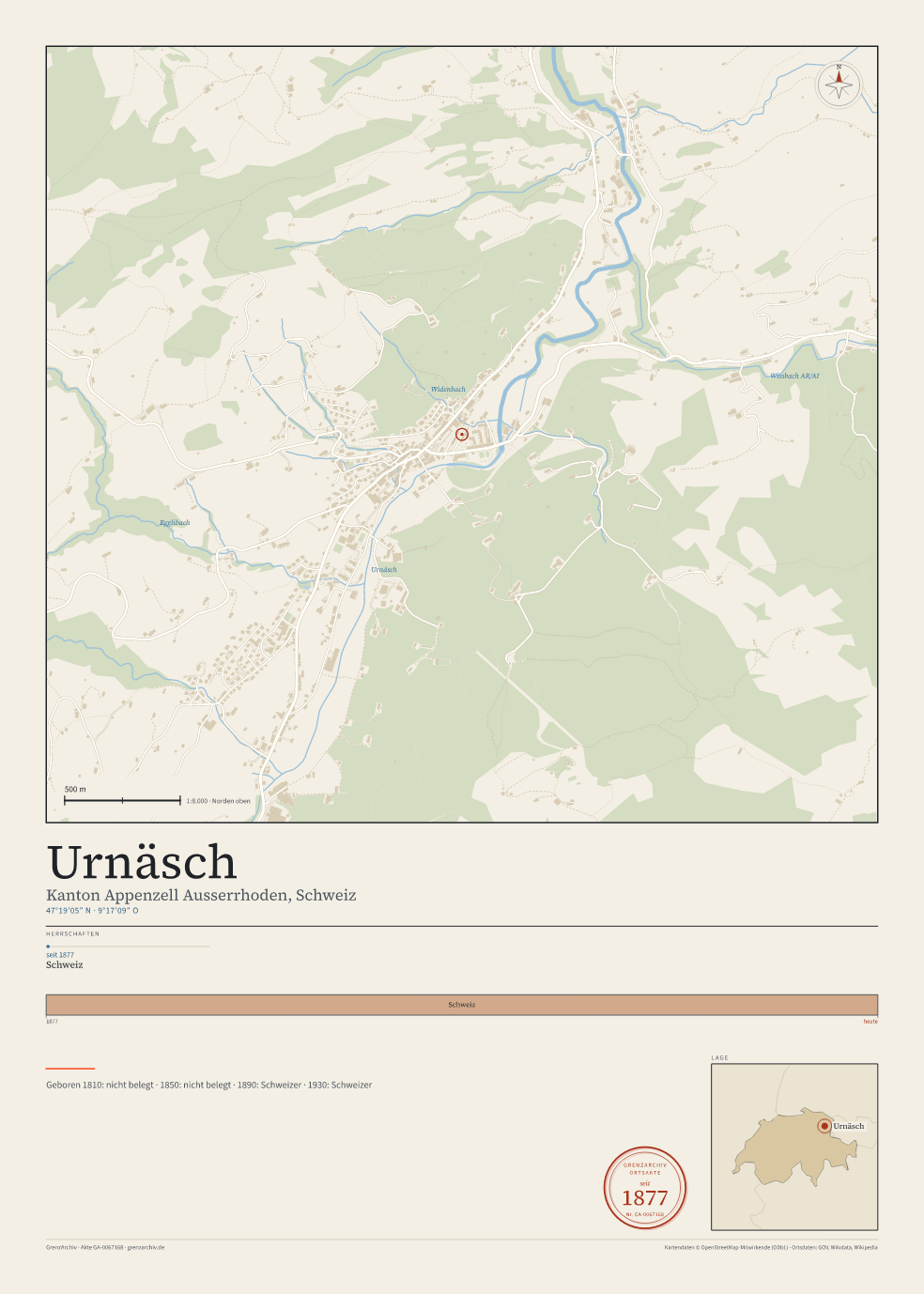 Vorschau des Kartenblatts von Urnäsch: oben der Stadtplan, unten Ortsname, Koordinaten und die Herrschaften des Ortes