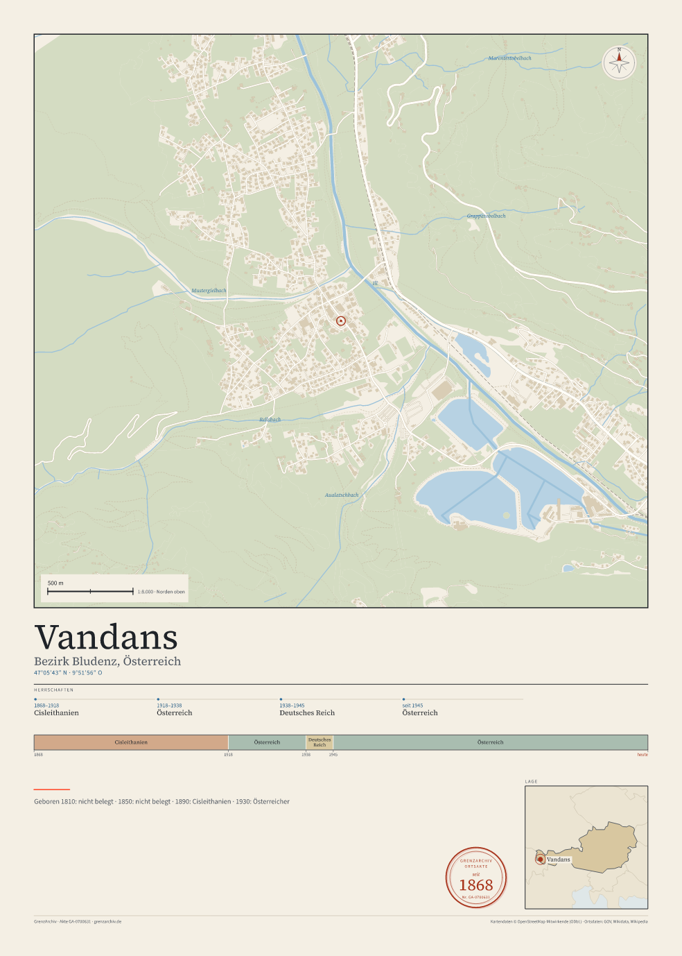 Vorschau des Kartenblatts von Vandans: oben der Stadtplan, unten Ortsname, Koordinaten und die Herrschaften des Ortes