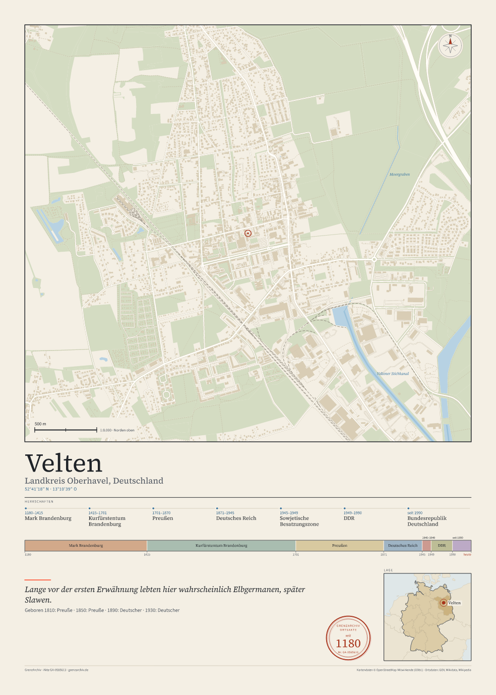 Vorschau des Kartenblatts von Velten: oben der Stadtplan, unten Ortsname, Koordinaten und die Herrschaften des Ortes