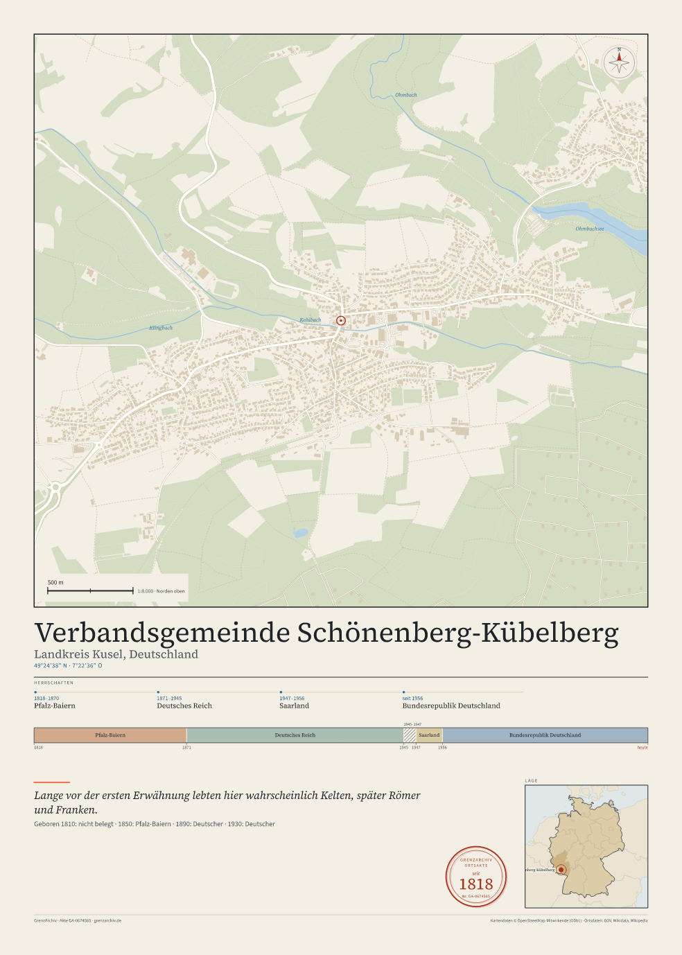 Vorschau des Kartenblatts von Verbandsgemeinde Schönenberg-Kübelberg: oben der Stadtplan, unten Ortsname, Koordinaten und die Herrschaften des Ortes