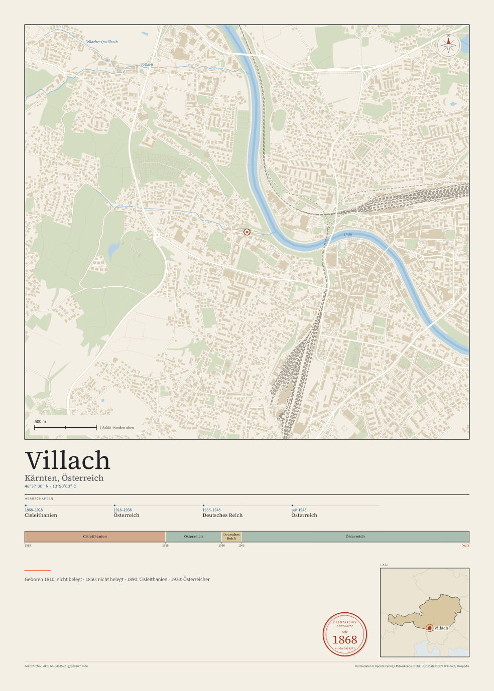 Vorschau des Kartenblatts von Villach: oben der Stadtplan, unten Ortsname, Koordinaten und die Herrschaften des Ortes