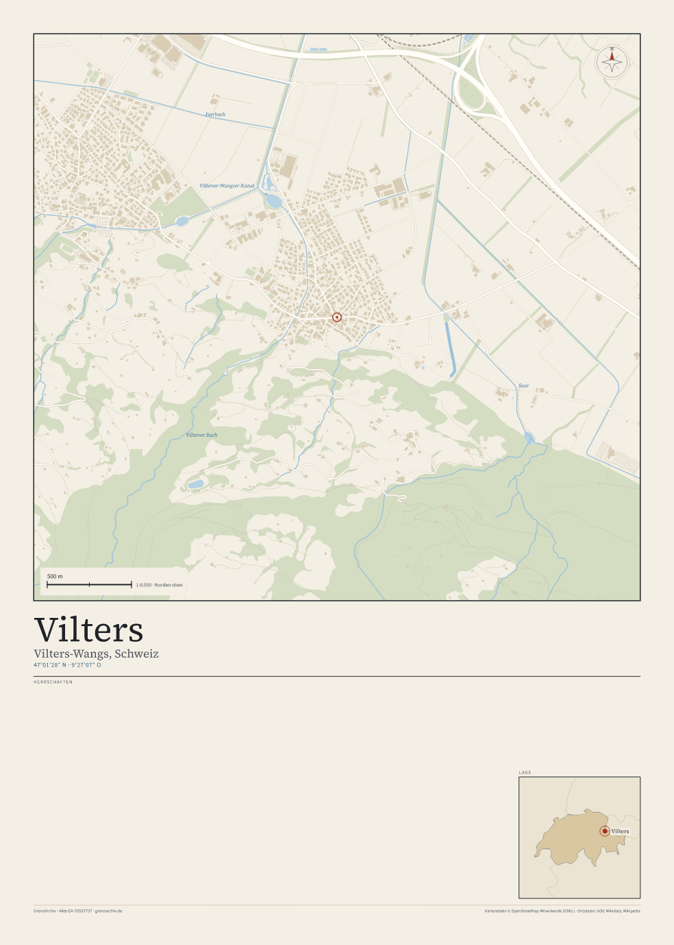 Vorschau des Kartenblatts von Vilters: oben der Stadtplan, unten Ortsname, Koordinaten und die Herrschaften des Ortes