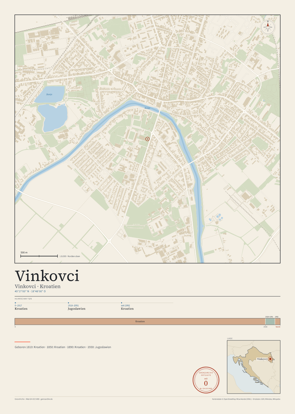 Vorschau des Kartenblatts von Vinkovci: oben der Stadtplan, unten Ortsname, Koordinaten und die Herrschaften des Ortes