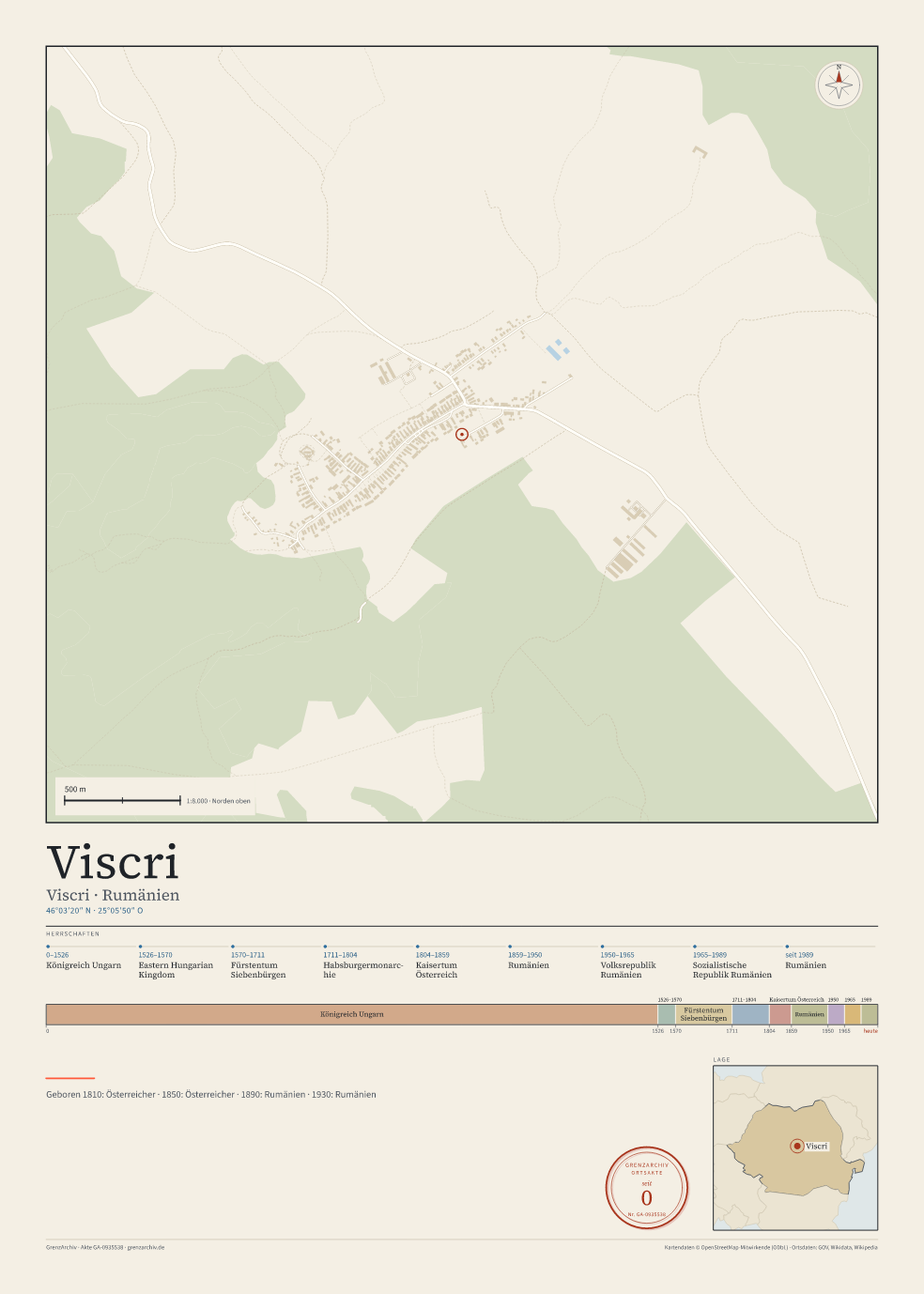 Vorschau des Kartenblatts von Viscri: oben der Stadtplan, unten Ortsname, Koordinaten und die Herrschaften des Ortes