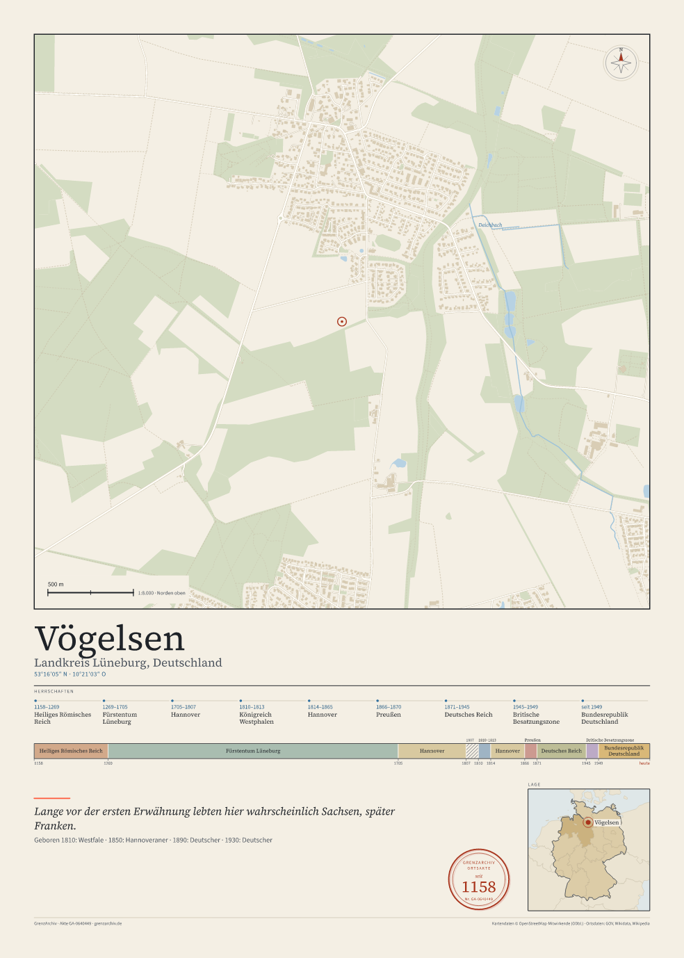 Vorschau des Kartenblatts von Vögelsen: oben der Stadtplan, unten Ortsname, Koordinaten und die Herrschaften des Ortes