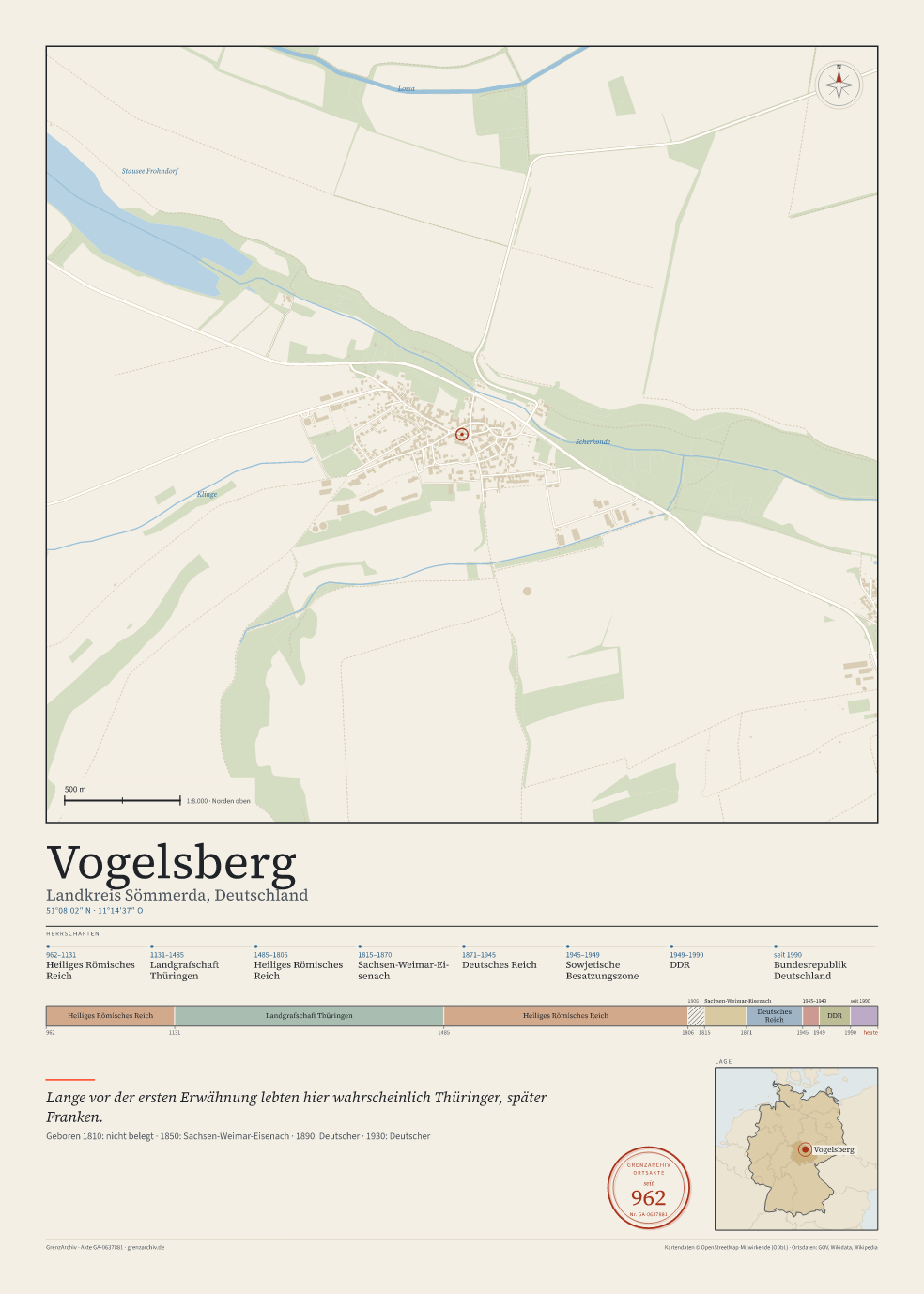 Vorschau des Kartenblatts von Vogelsberg: oben der Stadtplan, unten Ortsname, Koordinaten und die Herrschaften des Ortes
