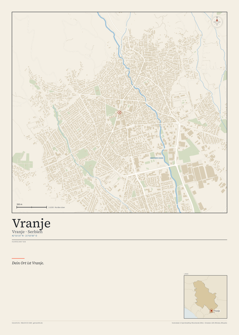Vorschau des Kartenblatts von Vranje: oben der Stadtplan, unten Ortsname, Koordinaten und die Herrschaften des Ortes