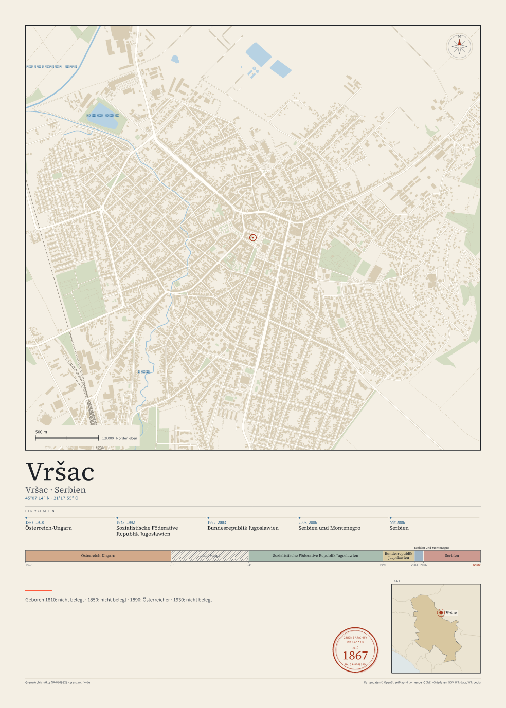 Vorschau des Kartenblatts von Vršac: oben der Stadtplan, unten Ortsname, Koordinaten und die Herrschaften des Ortes