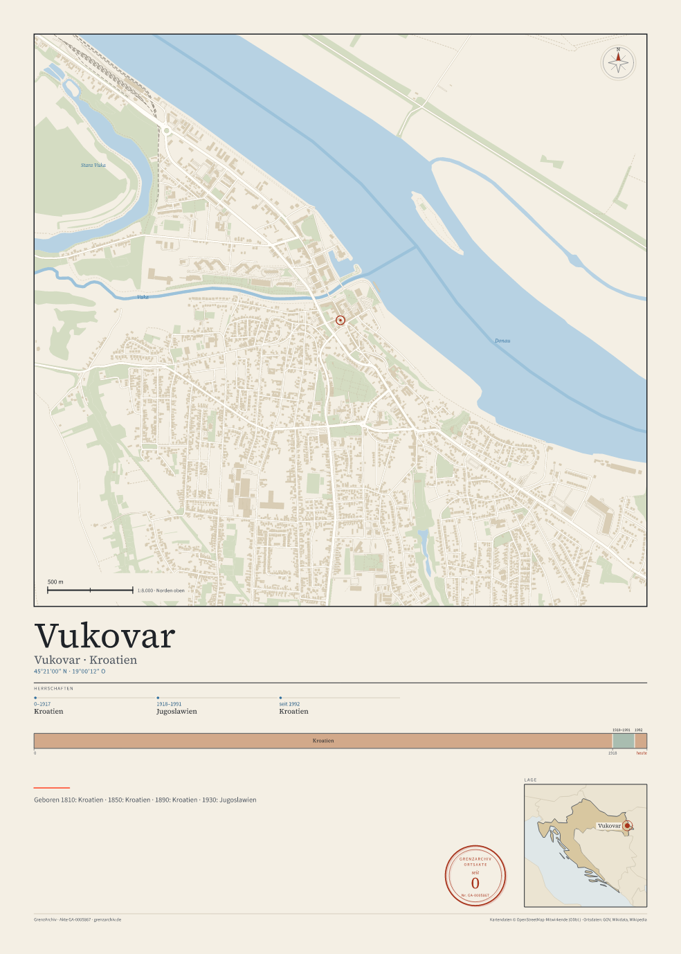 Vorschau des Kartenblatts von Vukovar: oben der Stadtplan, unten Ortsname, Koordinaten und die Herrschaften des Ortes