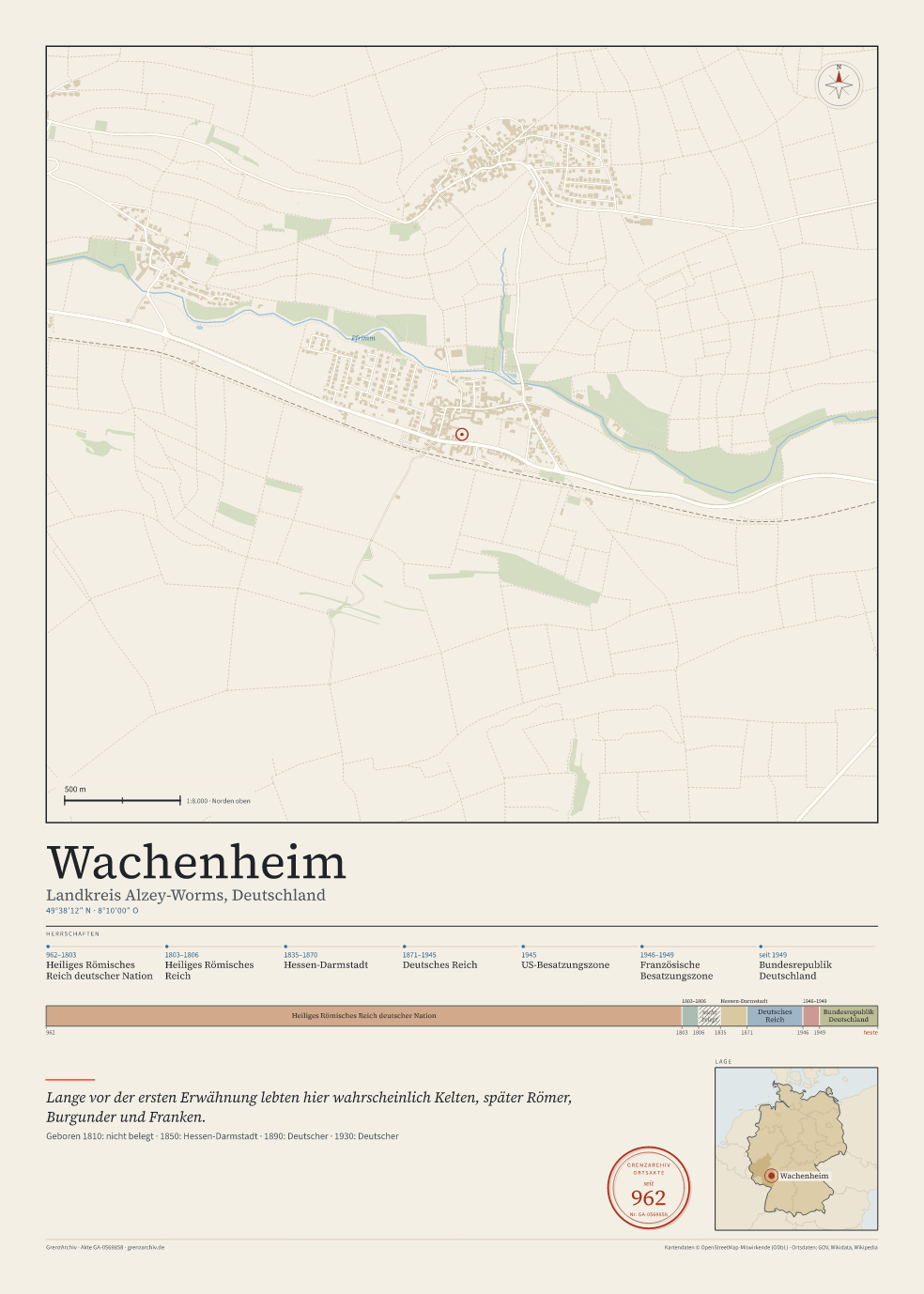 Vorschau des Kartenblatts von Wachenheim: oben der Stadtplan, unten Ortsname, Koordinaten und die Herrschaften des Ortes