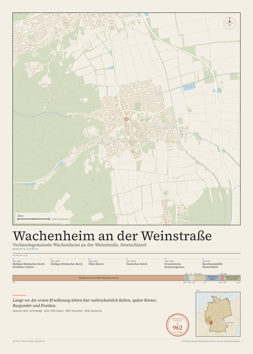 Vorschau des Kartenblatts von Wachenheim an der Weinstraße: oben der Stadtplan, unten Ortsname, Koordinaten und die Herrschaften des Ortes