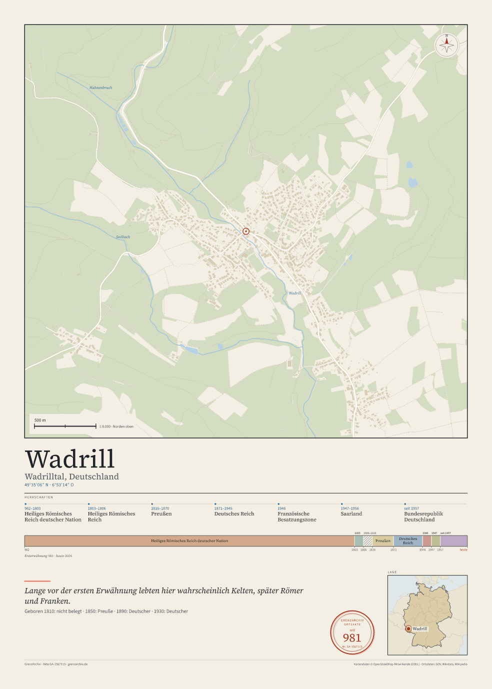 Vorschau des Kartenblatts von Wadrill: oben der Stadtplan, unten Ortsname, Koordinaten und die Herrschaften des Ortes
