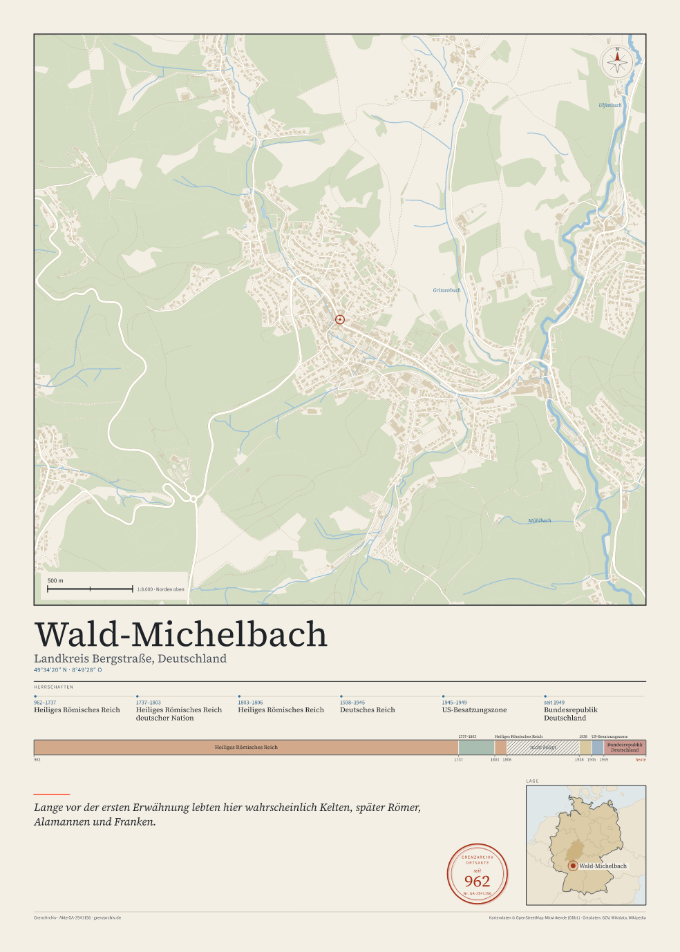 Vorschau des Kartenblatts von Wald-Michelbach: oben der Stadtplan, unten Ortsname, Koordinaten und die Herrschaften des Ortes
