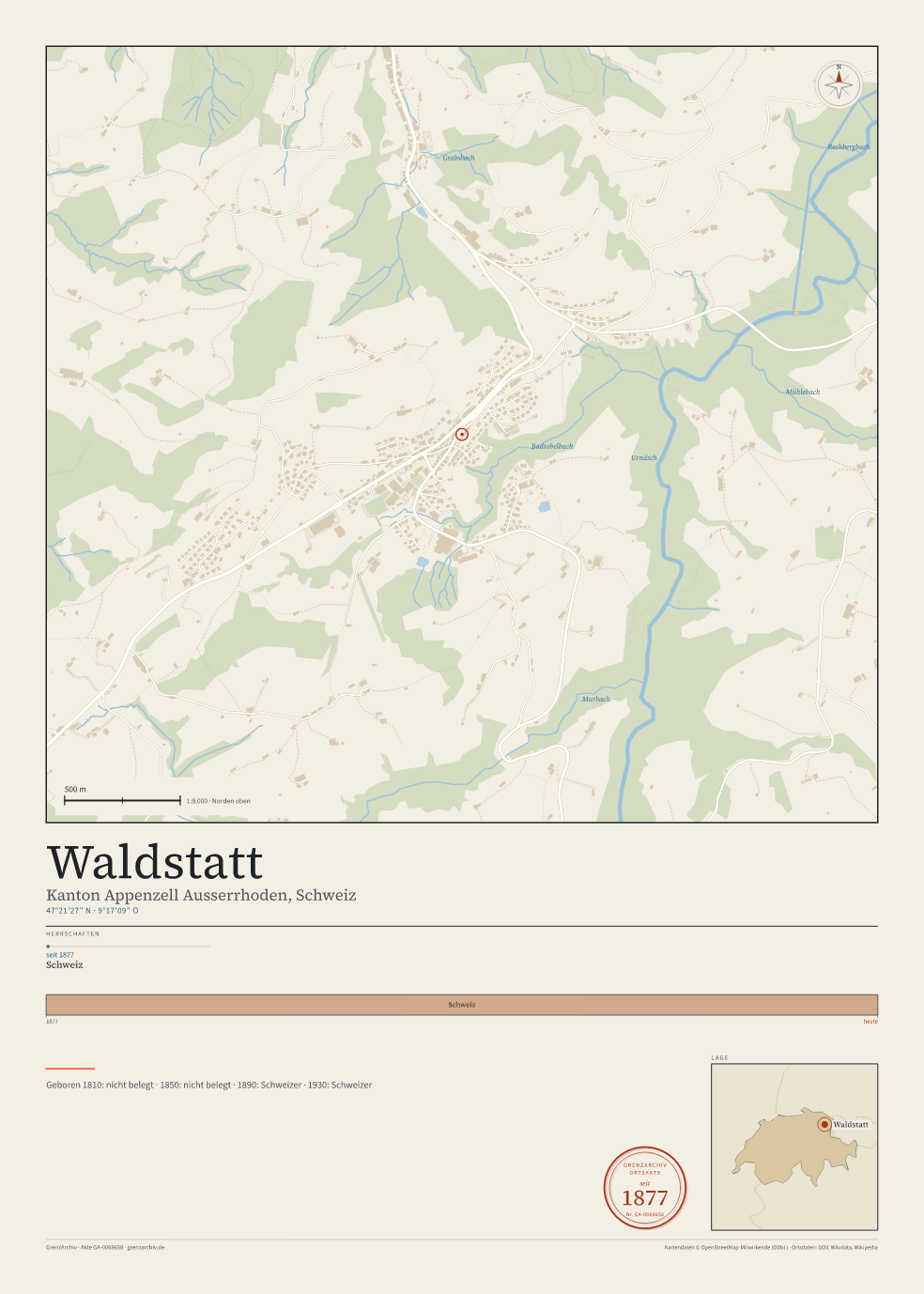 Vorschau des Kartenblatts von Waldstatt: oben der Stadtplan, unten Ortsname, Koordinaten und die Herrschaften des Ortes