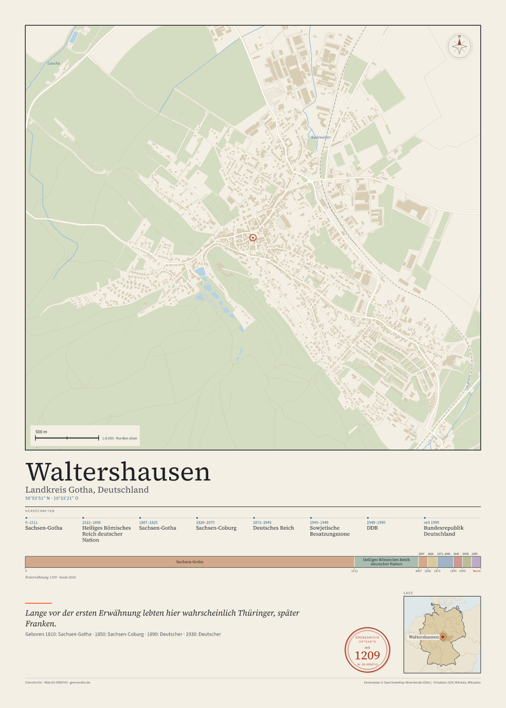 Vorschau des Kartenblatts von Waltershausen: oben der Stadtplan, unten Ortsname, Koordinaten und die Herrschaften des Ortes