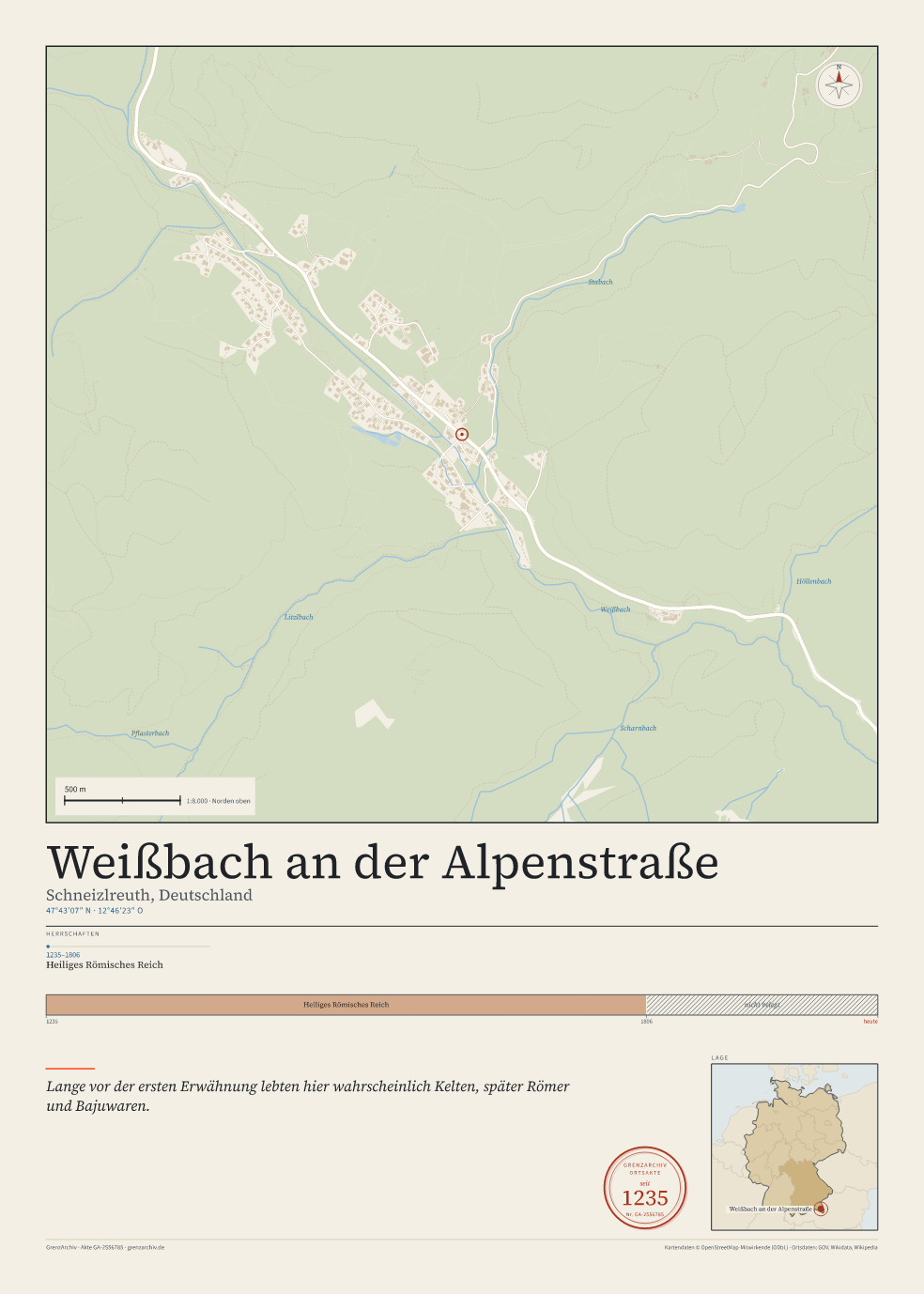 Vorschau des Kartenblatts von Weißbach an der Alpenstraße: oben der Stadtplan, unten Ortsname, Koordinaten und die Herrschaften des Ortes