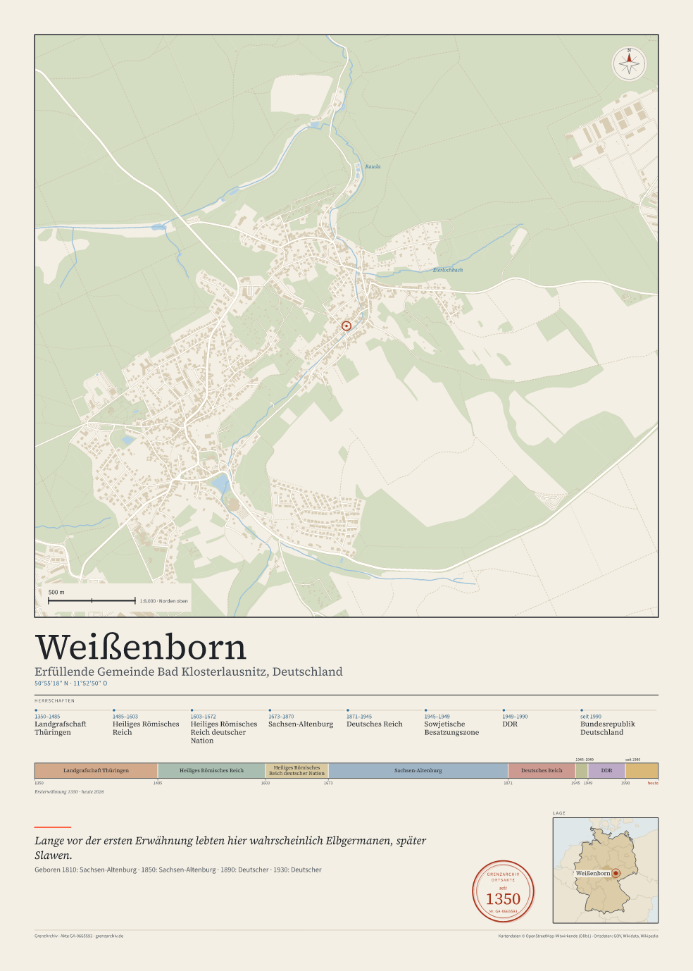 Vorschau des Kartenblatts von Weißenborn: oben der Stadtplan, unten Ortsname, Koordinaten und die Herrschaften des Ortes
