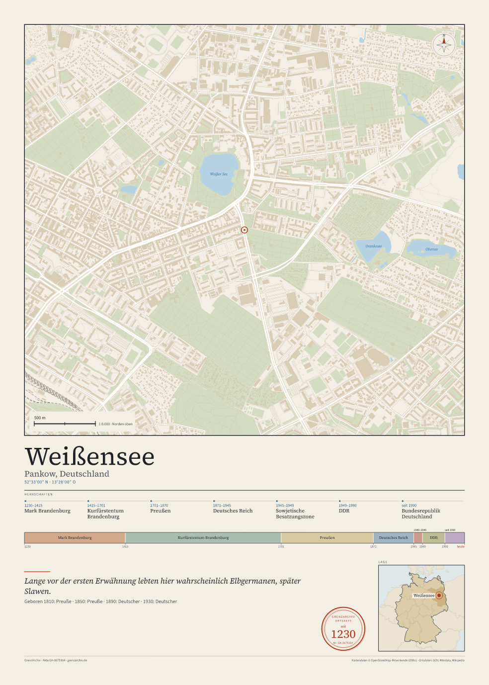 Vorschau des Kartenblatts von Weißensee: oben der Stadtplan, unten Ortsname, Koordinaten und die Herrschaften des Ortes