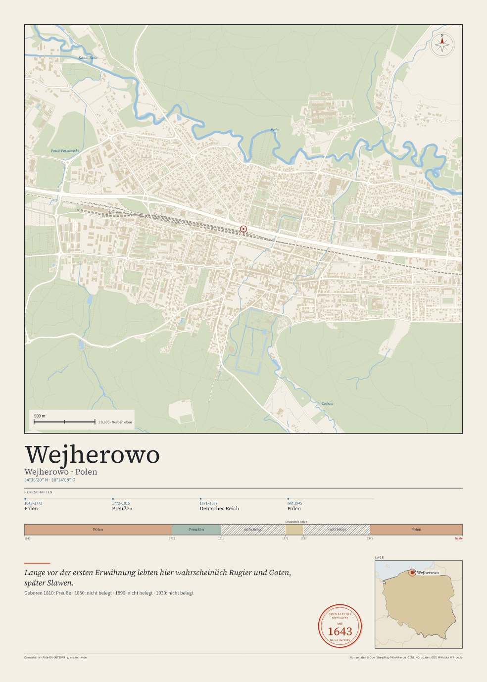 Vorschau des Kartenblatts von Wejherowo: oben der Stadtplan, unten Ortsname, Koordinaten und die Herrschaften des Ortes