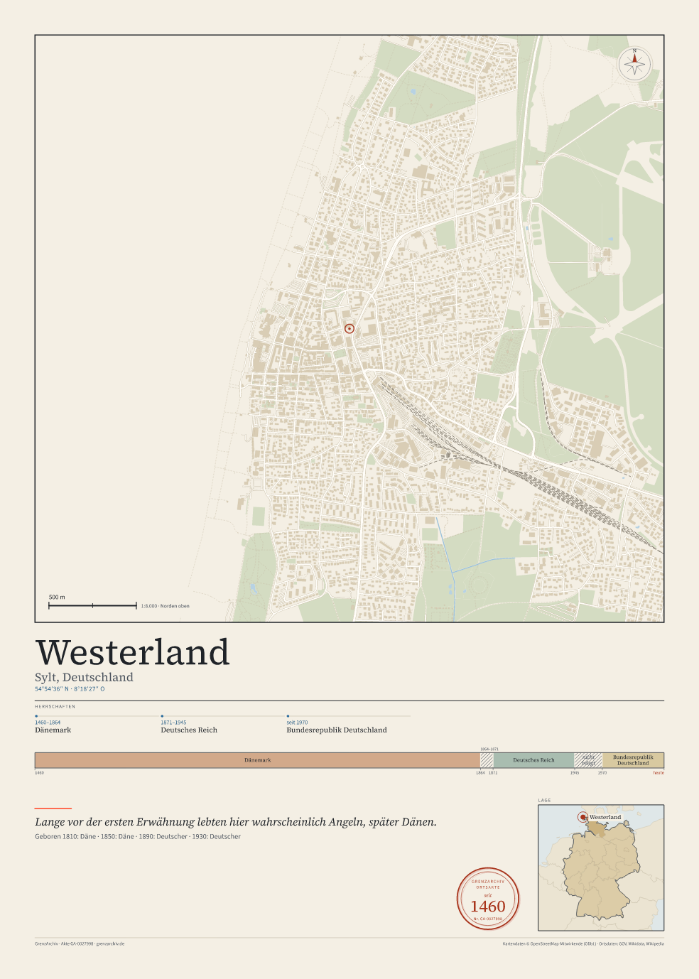 Vorschau des Kartenblatts von Westerland: oben der Stadtplan, unten Ortsname, Koordinaten und die Herrschaften des Ortes