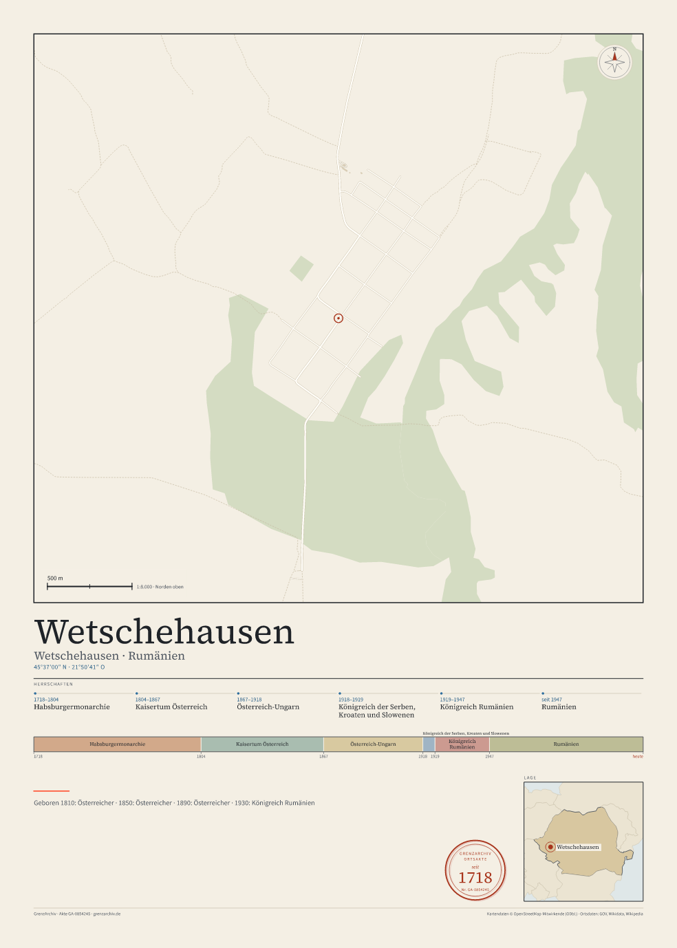 Vorschau des Kartenblatts von Wetschehausen: oben der Stadtplan, unten Ortsname, Koordinaten und die Herrschaften des Ortes