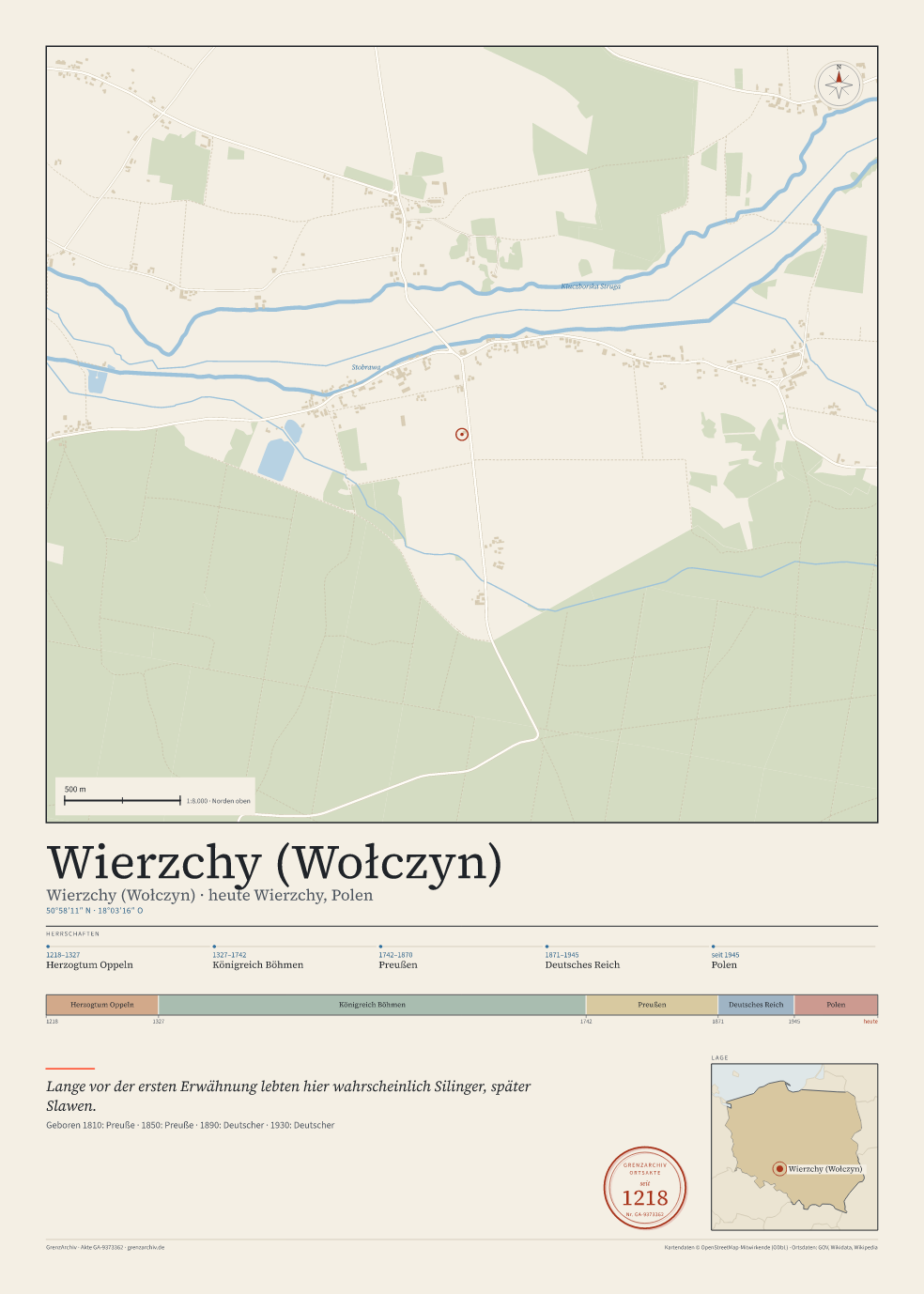 Vorschau des Kartenblatts von Wierzchy (Wołczyn): oben der Stadtplan, unten Ortsname, Koordinaten und die Herrschaften des Ortes