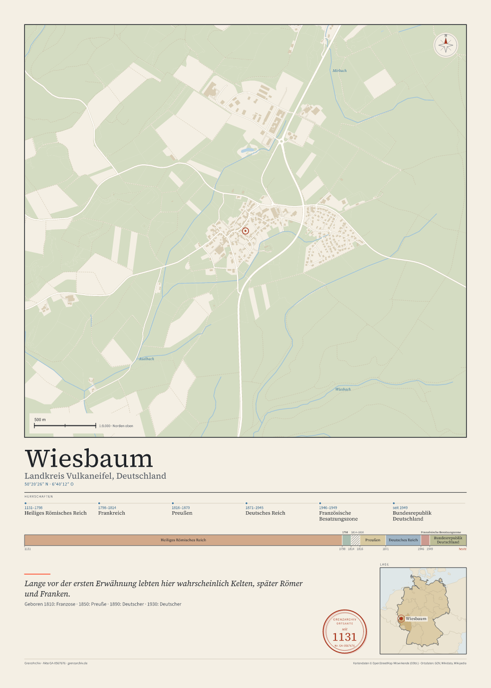 Vorschau des Kartenblatts von Wiesbaum: oben der Stadtplan, unten Ortsname, Koordinaten und die Herrschaften des Ortes