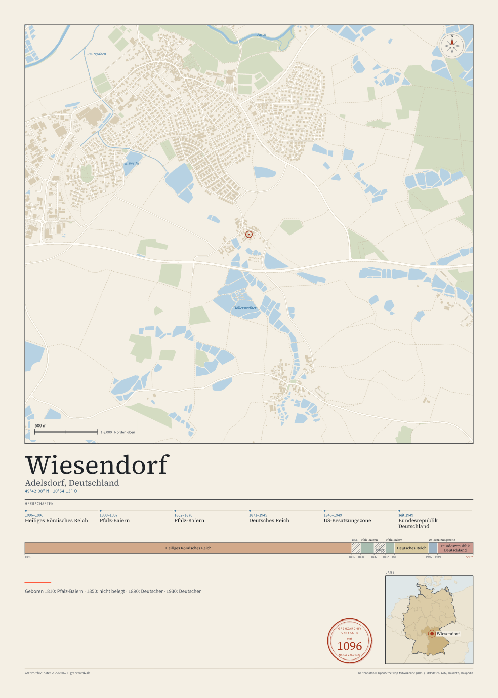 Vorschau des Kartenblatts von Wiesendorf: oben der Stadtplan, unten Ortsname, Koordinaten und die Herrschaften des Ortes