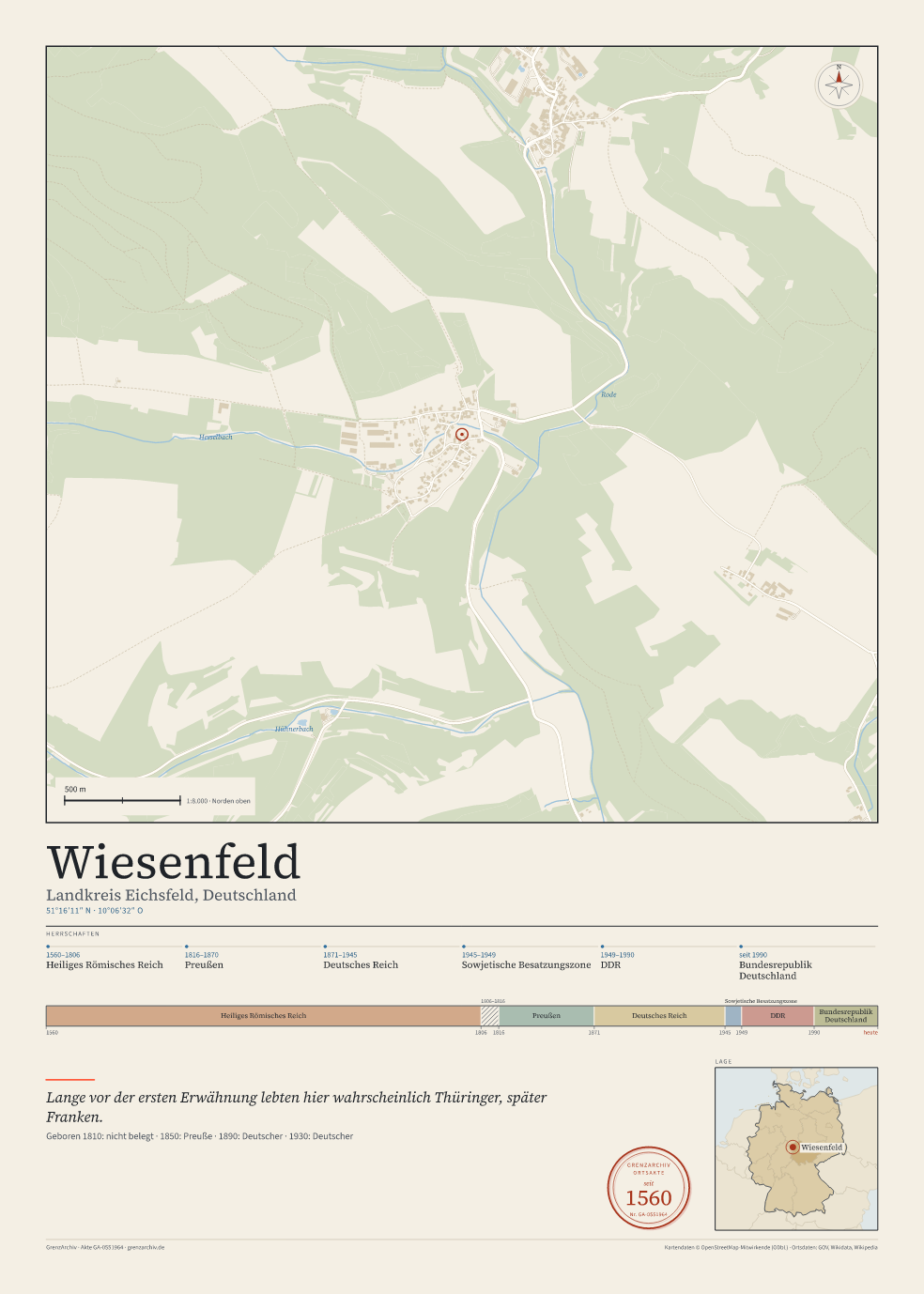 Vorschau des Kartenblatts von Wiesenfeld: oben der Stadtplan, unten Ortsname, Koordinaten und die Herrschaften des Ortes