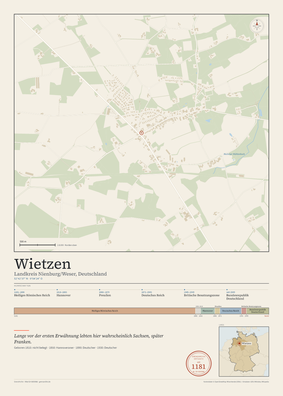 Vorschau des Kartenblatts von Wietzen: oben der Stadtplan, unten Ortsname, Koordinaten und die Herrschaften des Ortes