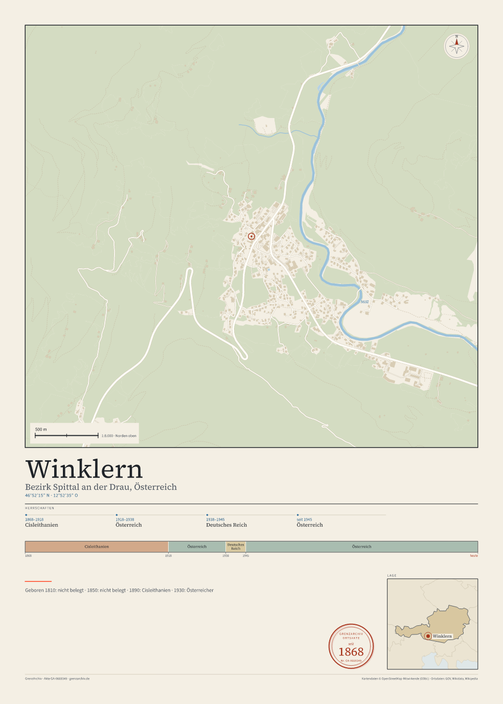 Vorschau des Kartenblatts von Winklern: oben der Stadtplan, unten Ortsname, Koordinaten und die Herrschaften des Ortes