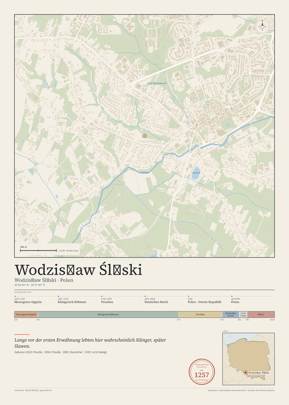Vorschau des Kartenblatts von Wodzisław Śląski: oben der Stadtplan, unten Ortsname, Koordinaten und die Herrschaften des Ortes
