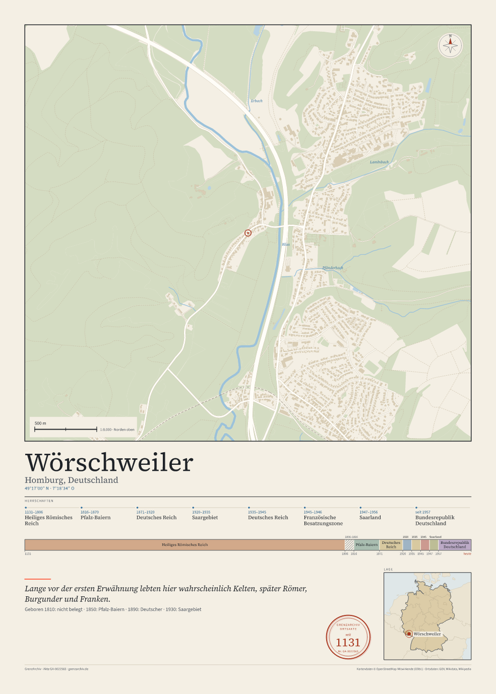 Vorschau des Kartenblatts von Wörschweiler: oben der Stadtplan, unten Ortsname, Koordinaten und die Herrschaften des Ortes