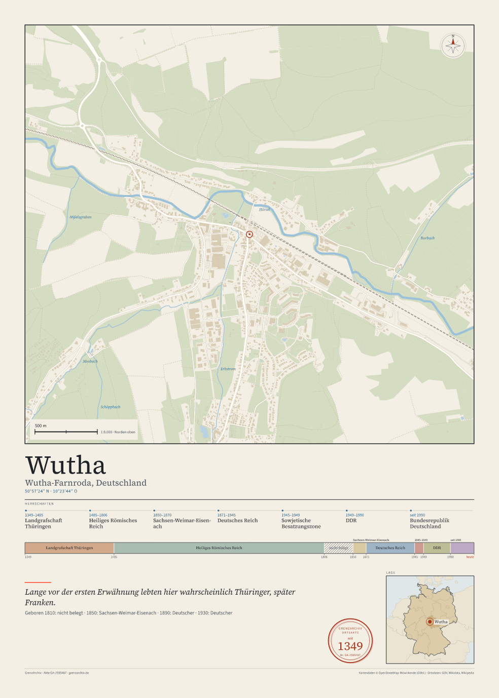 Vorschau des Kartenblatts von Wutha: oben der Stadtplan, unten Ortsname, Koordinaten und die Herrschaften des Ortes