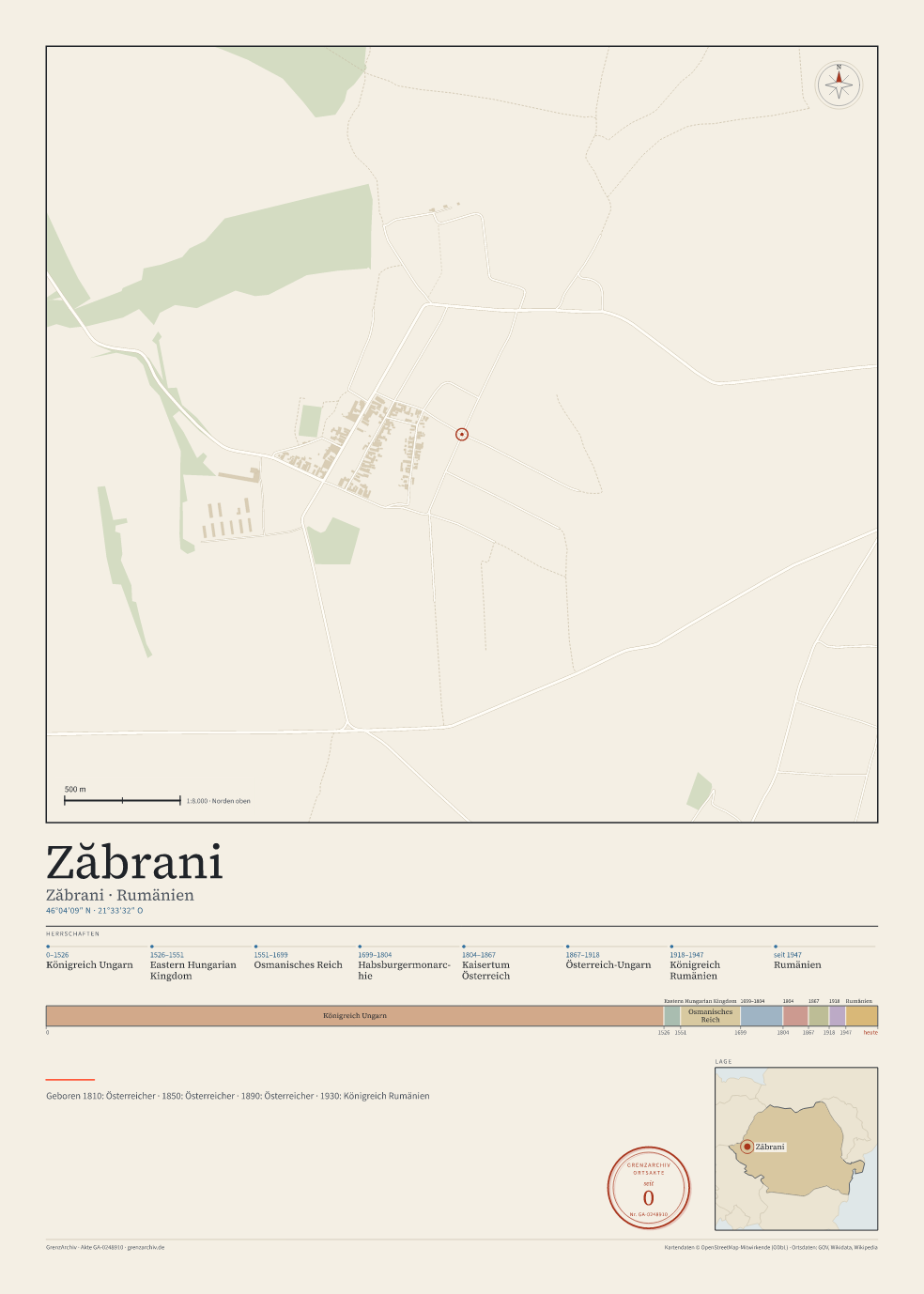 Vorschau des Kartenblatts von Zăbrani: oben der Stadtplan, unten Ortsname, Koordinaten und die Herrschaften des Ortes